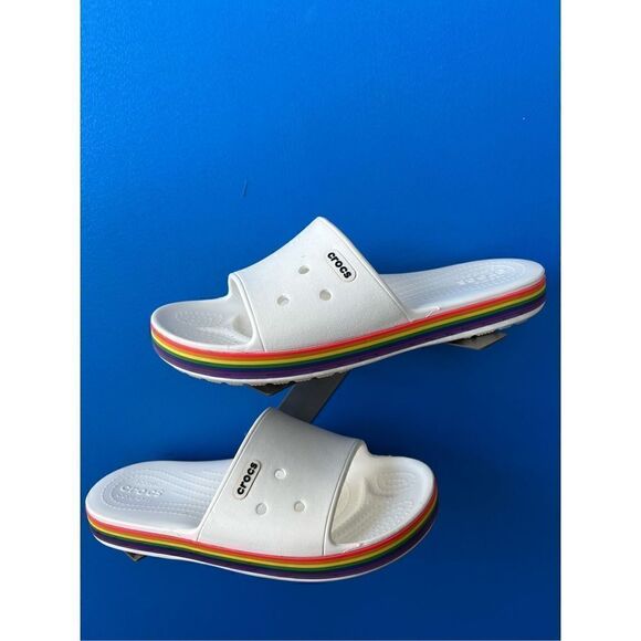 Crocs Crocband III white Rainbow Slide Sandal, 8 US Men and 10 women - Picture 3 of 6